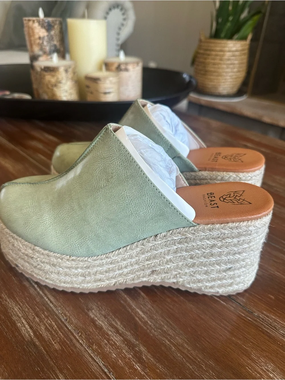 BEAST FASHION Nellie-01 Light Sage Espadrille Wedge Mule